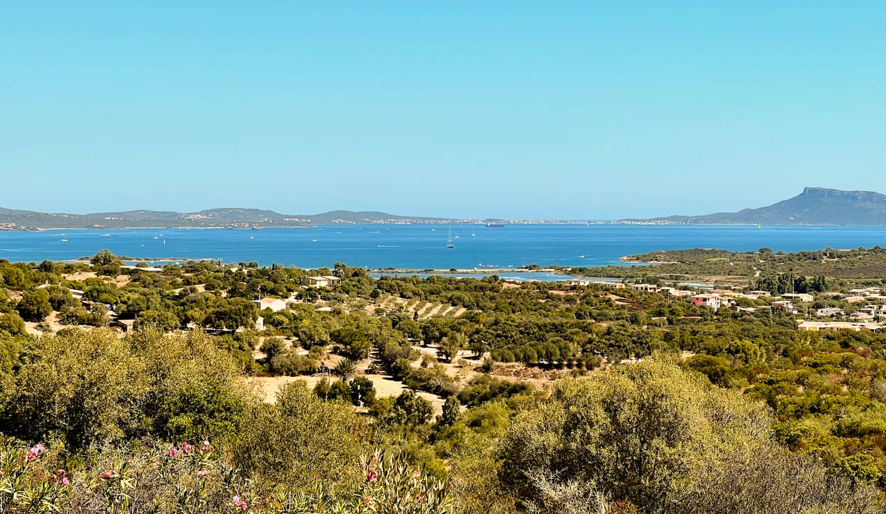 Hilltop view above Murta Maria toward the bay, Su Bisu retreat between Olbia and San Teodoro Sardinia