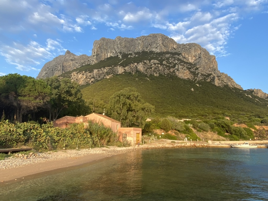 Isola di Tavolara vista dalla costa di Murta Maria, escursione in barca da Porto San Paolo, Sardegna